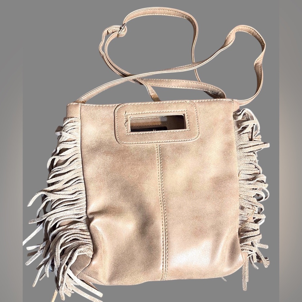 Maurices Taupe Fringe Crossbody Bag Boho Western Faux Leather Adjustable